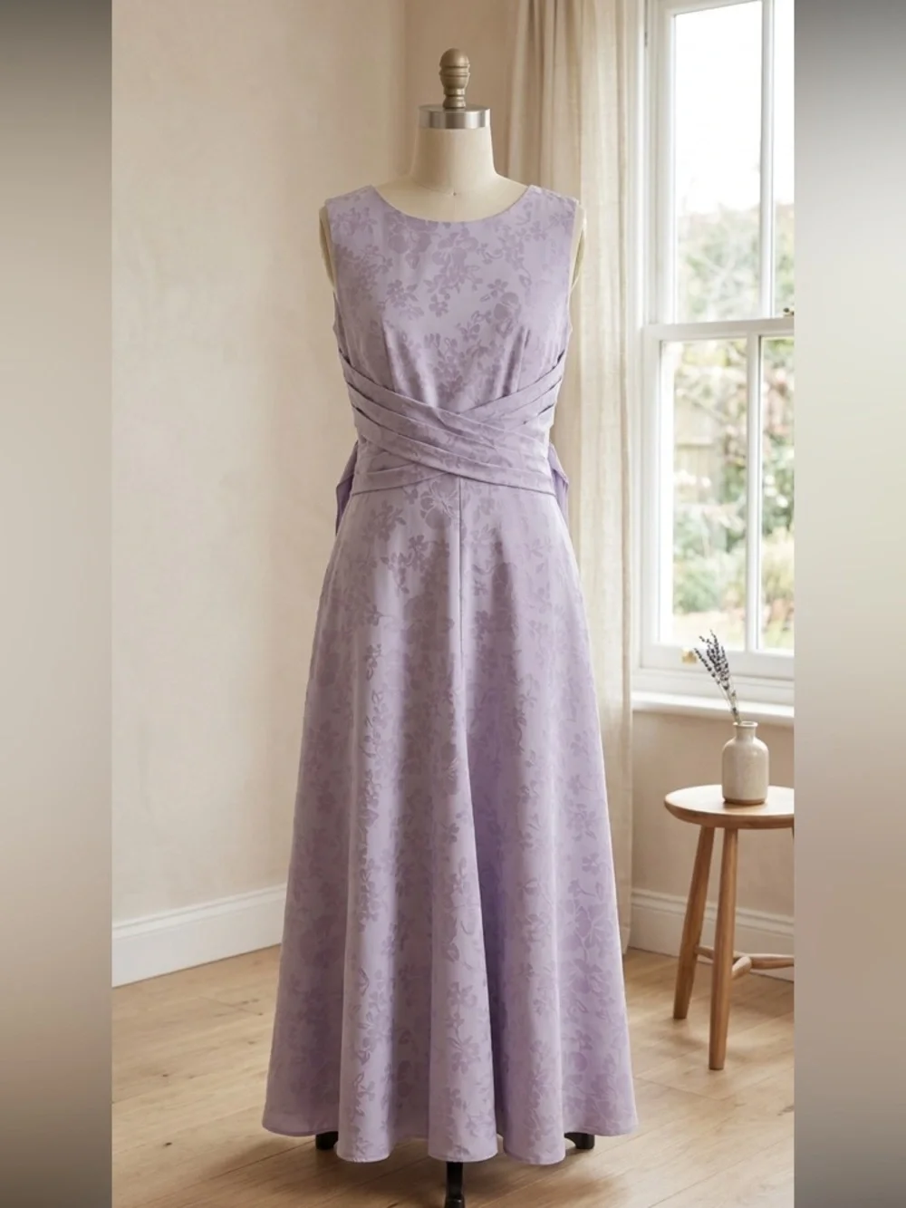 Lavender Dress Size 12 Sleeveless Floral Midi w/ Pleated Waist and Bow - Picture 1 of 14